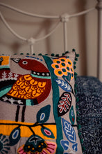 Load image into Gallery viewer, New in stock at Emma's Emporium. Mexican folk art inspired colourful bird and flower embroidered cushion cover, extra large size; unusual design the perfect addition to any boho or eclectic home. Buy online now from Emma's Emporium bohemian and hippy home wares and clothing.
