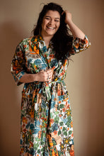 Load image into Gallery viewer, Buy no online from Emma's Emporium clothing and gifts! Full length pure cotton Frida Kahlo inspired kimono style dressing gown, now available in White, Blue, Purple, Black and Green!