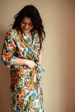 Load image into Gallery viewer, Buy no online from Emma's Emporium clothing and gifts! Full length pure cotton Frida Kahlo inspired kimono style dressing gown, now available in White, Blue, Purple, Black and Green!