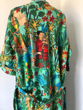Load image into Gallery viewer, Frida Kahlo print cotton dressing gown. Buy no online from Emma's Emporium clothing and gifts! Full length pure cotton Frida Kahlo inspired kimono style dressing gown, now available in White, Blue, Purple, Black and Green!