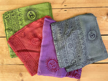 Load image into Gallery viewer, Emma's Emporium Indian Lightweight Summer Sarong Scarves, large loose shawls for sunny spring days, perfect beach coverup, colourful and printed with OM symbols. Emma's Emporium alternative Festival and Hippy Women's Clothing, accessories and Boho homewares and Gifts. Rayon Hippie Scarf, Shawl, Sarong.