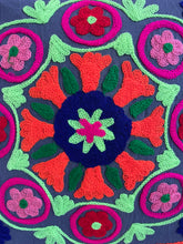Load image into Gallery viewer, Available to buy online now from Emma's Emporium! Rainbow mandala embroidered Cushion Covers. Brightly coloured embroidery on a cotton background, with pom pom's. Extra large bold and eye catching cushion covers for a boho home. Visit Emma's Emporium for alternative women's clothing, festival fashion and hippy styles.