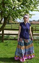 Load image into Gallery viewer, Emmas emporium recycled cotton frill maxi skirt. Colourful Indian block print ethnic skirt