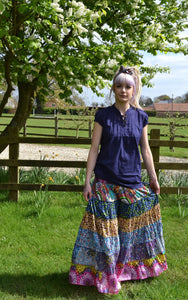 Emmas emporium recycled cotton frill maxi skirt. Colourful Indian block print ethnic skirt