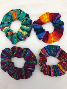 Available to buy online from Emma's Emporium, colourful Guatemalan handmade hair scrunchies