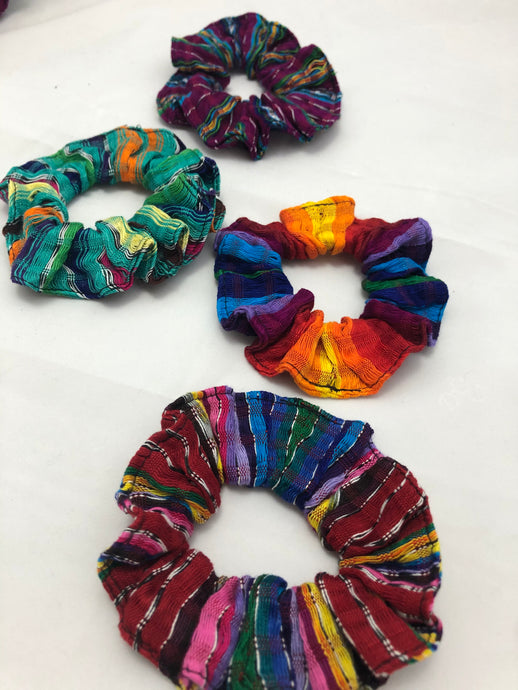 Available to buy online from Emma's Emporium, colourful Guatemalan handmade hair scrunchies