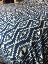 Load image into Gallery viewer, Emma&#39;s Emporium hand block printed double kingsize bedspread, indigo blue geometric traditional print handicraft. Ethnic bedspread, wall hanging or throw for you stylish home. hippie style, boho decor, ethnic style. 100% Cotton
