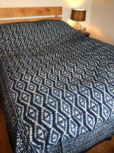 Emma's Emporium hand block printed double kingsize bedspread, indigo blue geometric traditional print handicraft. Ethnic bedspread, wall hanging or throw for you stylish home. hippie style, boho decor, ethnic style. 100% Cotton