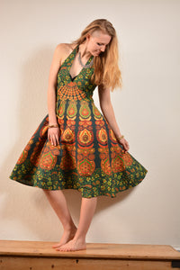Available to buy now online! Emma's Emporium print cotton peacock printed summer halter dress!