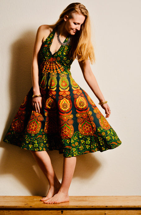 Available to buy now online! Emma's Emporium print cotton peacock printed summer halter dress!