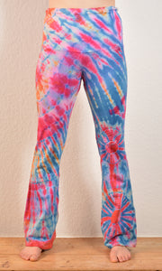 Emma's Emporium cotton lycra tie dye flares, flared leggings, super colourful hippie tie dye trousers, ideal for festival days and all night raves. Available to buy online from Emma's Emporium.