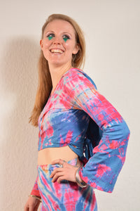 Emma's Emporium cotton lycra tie dye summer top, super colourful hippie tie dye hooded pixie top, ideal for festival days and all night raves. Available to buy online from Emma's Emporium.