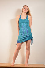 Load image into Gallery viewer, Emma&#39;s Emporium cotton lycra tie dye summer dress, super colourful hippie tie dye asymmetric drawstring beach dress, ideal for festival days and all night raves. Available to buy online from Emma&#39;s Emporium.
