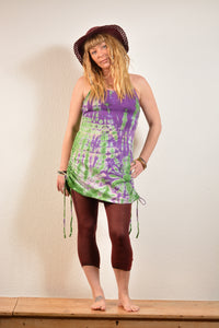 Emma's Emporium cotton lycra tie dye summer dress, super colourful hippie tie dye asymmetric drawstring beach dress, ideal for festival days and all night raves. Available to buy online from Emma's Emporium.