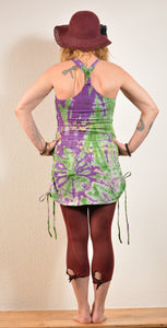 Emma's Emporium cotton lycra tie dye summer dress, super colourful hippie tie dye asymmetric drawstring beach dress, ideal for festival days and all night raves. Available to buy online from Emma's Emporium.