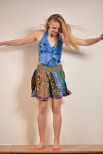 Load image into Gallery viewer, Emma&#39;s Emporium online! Shop our new collection now. Recycled sari patchwork mini skirt, with elastic waist and frill edging. Each skirt is unique, made from a mix of colourful patterned sari scraps - this is a zero waste skirt! 
