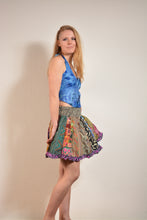 Load image into Gallery viewer, Emma&#39;s Emporium online! Shop our new collection now. Recycled sari patchwork mini skirt, with elastic waist and frill edging. Each skirt is unique, made from a mix of colourful patterned sari scraps - this is a zero waste skirt! 
