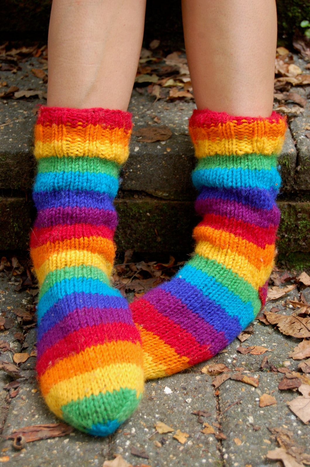 New! Buy now from Emma's Emporium online shop. Super bright, colourful and warm rainbow stripe wooden fleece lined Nepalese socks; the perfect winter warming Christmas gift!