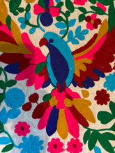 Load image into Gallery viewer, Buy now online, Emma's Emporium embroidered colourful bird design cushion cover, hippie boho home decor range, natural cotton.
