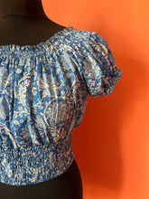 Load image into Gallery viewer, Buy now online from Emma's Emporium, slow ethical women's fashion. Blue paisley print cotton sun tops. Emma' sEmporium, slow ethical festival fashion, in hippie and boho styles.
