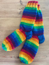 Load image into Gallery viewer, New! Buy now from Emma&#39;s Emporium online shop. Super bright, colourful and warm rainbow stripe wooden fleece lined Nepalese socks; the perfect winter warming Christmas gift!
