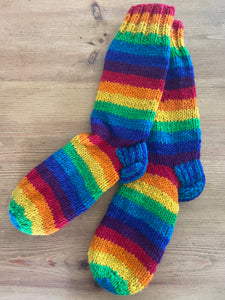 New! Buy now from Emma's Emporium online shop. Super bright, colourful and warm rainbow stripe wooden fleece lined Nepalese socks; the perfect winter warming Christmas gift!