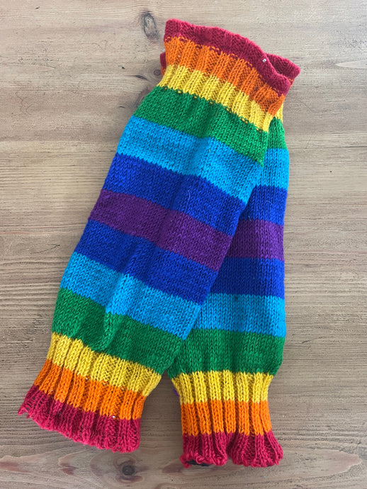 Buy now online from Emma's Emporium, colourful rainbow stripe leg warmers, pure wool, hand knitted in Nepal 