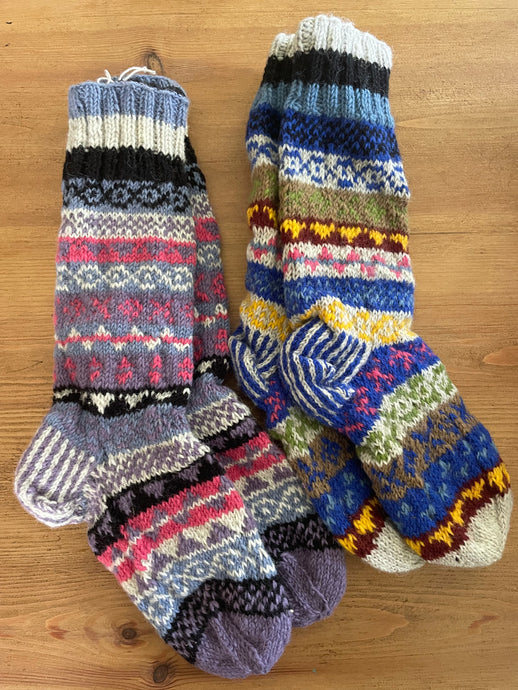 Buy now online from Emma's Emporium! Handknitted pure wool strip patterned winter slipper socks, super warm, perfect gift!