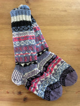 Load image into Gallery viewer, Buy now online from Emma&#39;s Emporium! Handknitted pure wool strip patterned winter slipper socks, super warm, perfect gift
