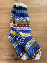 Load image into Gallery viewer, Buy now online from Emma&#39;s Emporium! Handknitted pure wool strip patterned winter slipper socks, super warm, perfect gift
