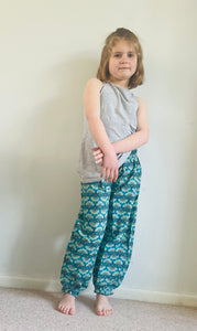 Emma's Emporium peacock print cotton colourful children's unisex comfy loose fit harem genie Alibaba afghani trousers for ages 1 year to 10 years, for toddlers and young children. Emma's Emporium online slow ethical alternative festival fashion.