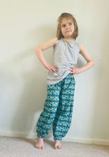 Load image into Gallery viewer, Emma&#39;s Emporium peacock print cotton colourful children&#39;s unisex comfy loose fit harem genie Alibaba afghani trousers for ages 1 year to 10 years, for toddlers and young children. Emma&#39;s Emporium online slow ethical alternative festival fashion.
