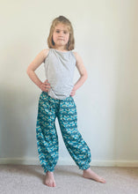 Load image into Gallery viewer, Emma&#39;s Emporium peacock print cotton colourful children&#39;s unisex comfy loose fit harem genie Alibaba afghani trousers for ages 1 year to 10 years, for toddlers and young children. Emma&#39;s Emporium online slow ethical alternative festival fashion.
