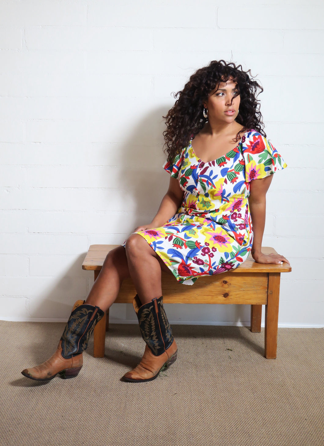 Emma's Emporium bold floral print summer beach dress, with elastic back and pockets. Colourful lightweight summer beach festival dress!