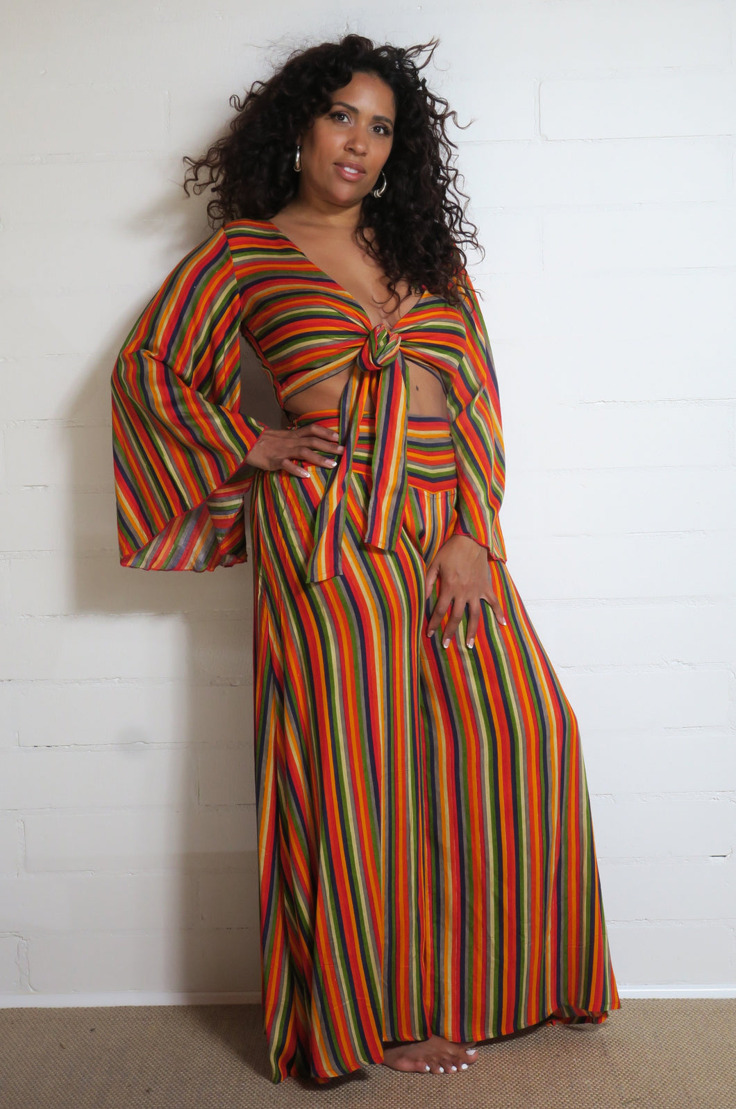 Emma s Emporium Retro Orange Striped Bell Sleeve Tie Top Emma s Emporium Clothing