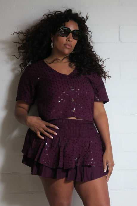 Buy now online from Emma's Emporium clothing, maroon sequin mini skirt with matching button front shirt tops. Emma's Emporium wholesale and retail women's festival hippie fashion, ethical clothing and slow fashion.