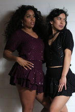Load image into Gallery viewer, Buy now online from Emma&#39;s Emporium clothing, maroon sequin mini skirt with matching button front shirt tops. Emma&#39;s Emporium wholesale and retail women&#39;s festival hippie fashion, ethical clothing and slow fashion.
