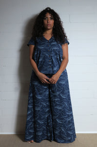 Emma's Emporium wide leg whale print cotton palazzo flare trouser. Shope Emma's Emporium online, for retail and wholesale fair trade ethical women's alternative clothing, gifts and festival fashion. Hippy Hippie clothes, colourful and unique.