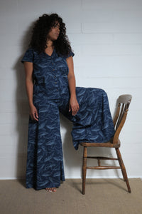 Emma's Emporium wide leg whale print cotton palazzo flare trouser. Shope Emma's Emporium online, for retail and wholesale fair trade ethical women's alternative clothing, gifts and festival fashion. Hippy Hippie clothes, colourful and unique.