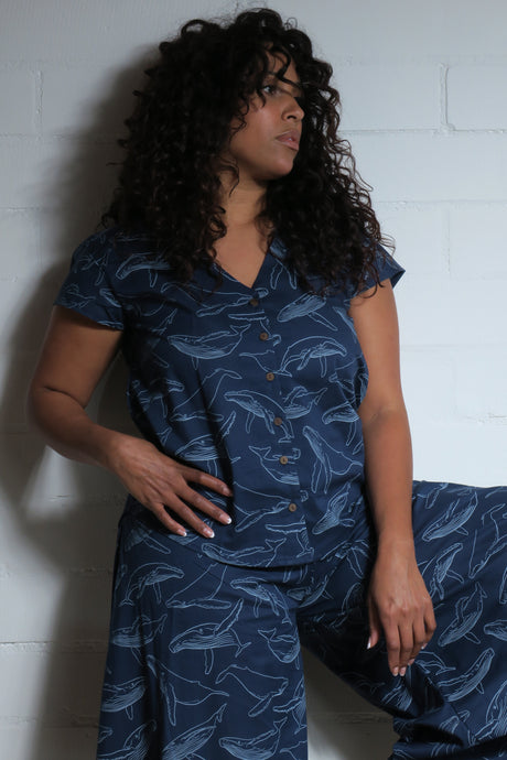Emma's Emporium whale print cotton shirt. Shop Emma's Emporium online, for retail and wholesale fair trade ethical women's alternative clothing, gifts and festival fashion. Hippy Hippie clothes, colourful and unique.