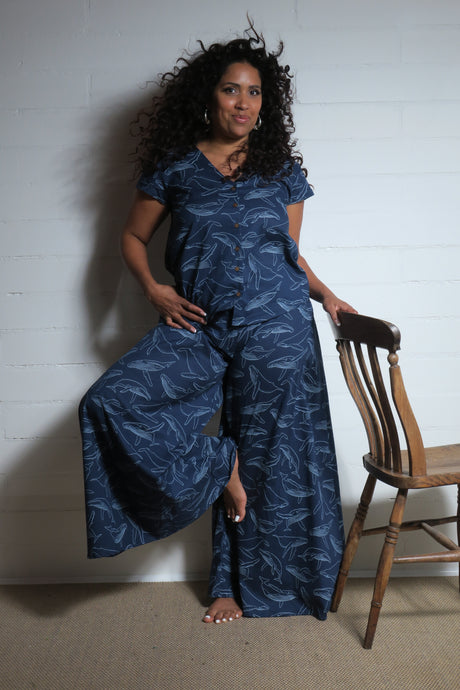 Emma's Emporium wide leg whale print cotton palazzo flare trouser. Shope Emma's Emporium online, for retail and wholesale fair trade ethical women's alternative clothing, gifts and festival fashion. Hippy Hippie clothes, colourful and unique.