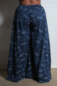Emma's Emporium wide leg whale print cotton palazzo flare trouser. Shope Emma's Emporium online, for retail and wholesale fair trade ethical women's alternative clothing, gifts and festival fashion. Hippy Hippie clothes, colourful and unique.