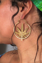 Load image into Gallery viewer, Buy now online! Emma&#39;s Emporium solid brass Hemp leaf hoop earrings.
