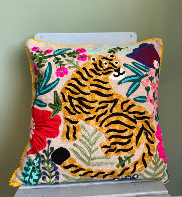 New in stock at Emma's Emporium. Mexican folk art inspired colourful tiger and flower embroidered cushion cover, extra large size; unusual design the perfect addition to any boho or eclectic home. Buy online now from Emma's Emporium bohemian and hippy home wares and clothing.