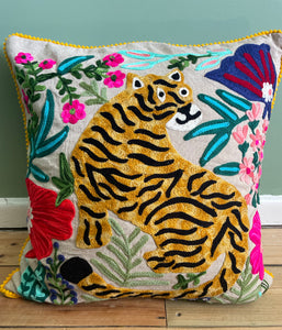 New in stock at Emma's Emporium. Mexican folk art inspired colourful tiger and flower embroidered cushion cover, extra large size; unusual design the perfect addition to any boho or eclectic home. Buy online now from Emma's Emporium bohemian and hippy home wares and clothing.