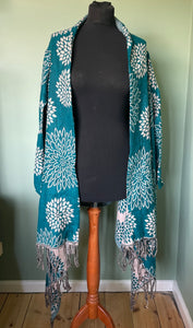 Available to buy online now! Cosy & Warm, Emma's Emporium Autumn Winter wrap blanket cardigan in paisley fleece, machine washable vegan wool.