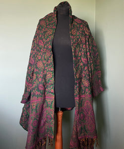 Available to buy online now! Cosy & Warm, Emma's Emporium Autumn Winter wrap blanket cardigan in paisley fleece, machine washable vegan wool.