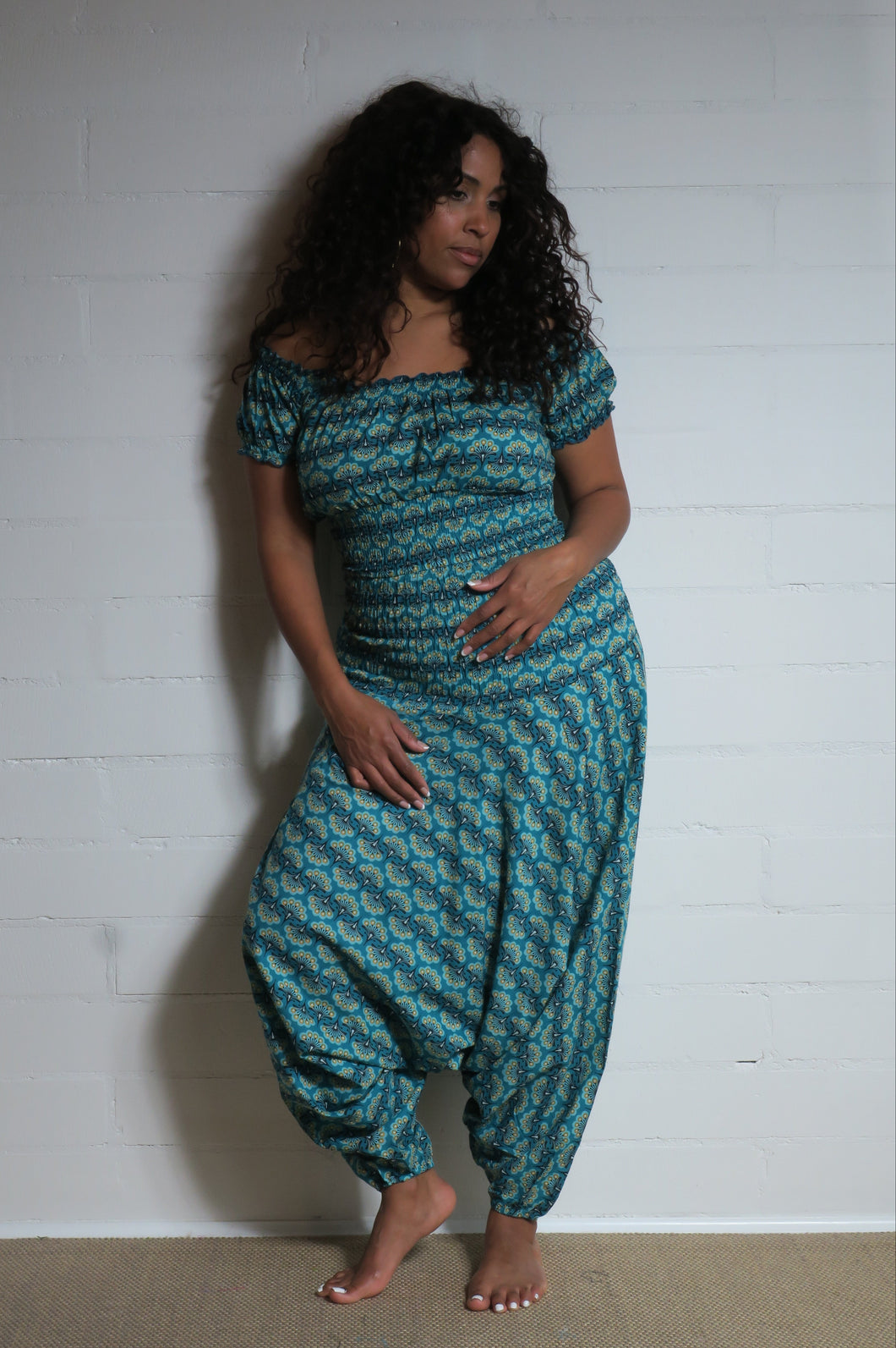 Bold Peacock Print Cotton Harem Trousers