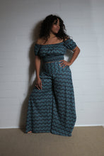 Load image into Gallery viewer, Emma&#39;s Emporium wide leg peacock print cotton palazzo flare trouser. Shope Emma&#39;s Emporium online, for retail and wholesale fair trade ethical women&#39;s alternative clothing, gifts and festival fashion. Hippy Hippie clothes, colourful and unique.
