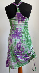 Emma's Emporium cotton lycra tie dye summer dress, super colourful hippie tie dye asymmetric drawstring beach dress, ideal for festival days and all night raves. Available to buy online from Emma's Emporium.